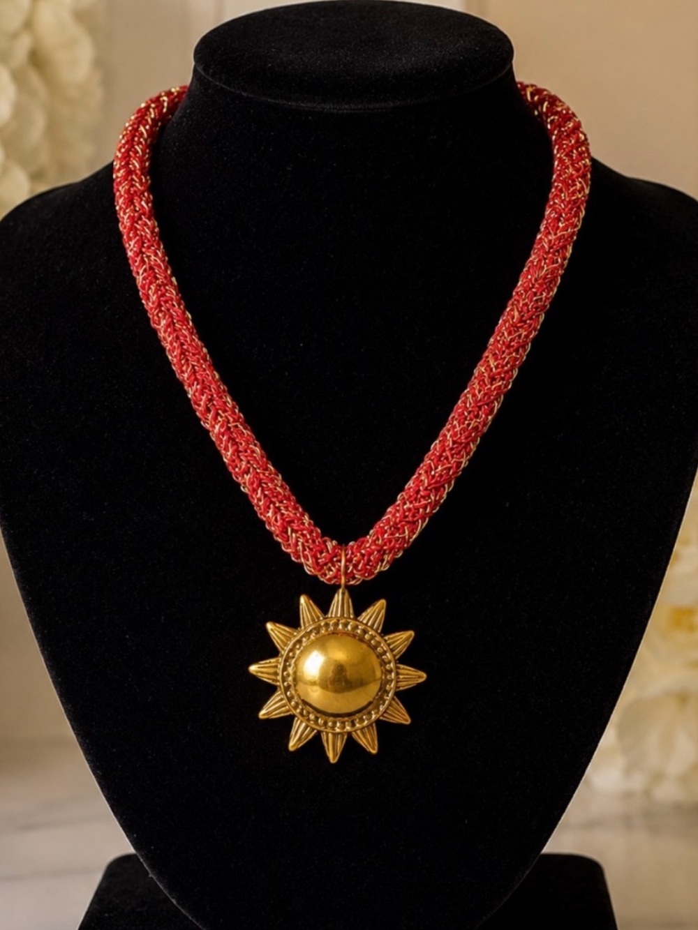Mayamar Red Braided Necklace with Gold Sunburst Pendant (NWT)